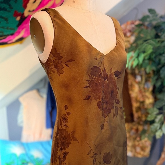 Vintage Y2K Gold Brown Floral Midi Dress Sheer Trim V Neck Whimsygoth Size 10 - Picture 2 of 12